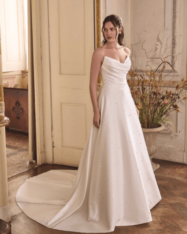 A bride in her a-line gown standing by the door