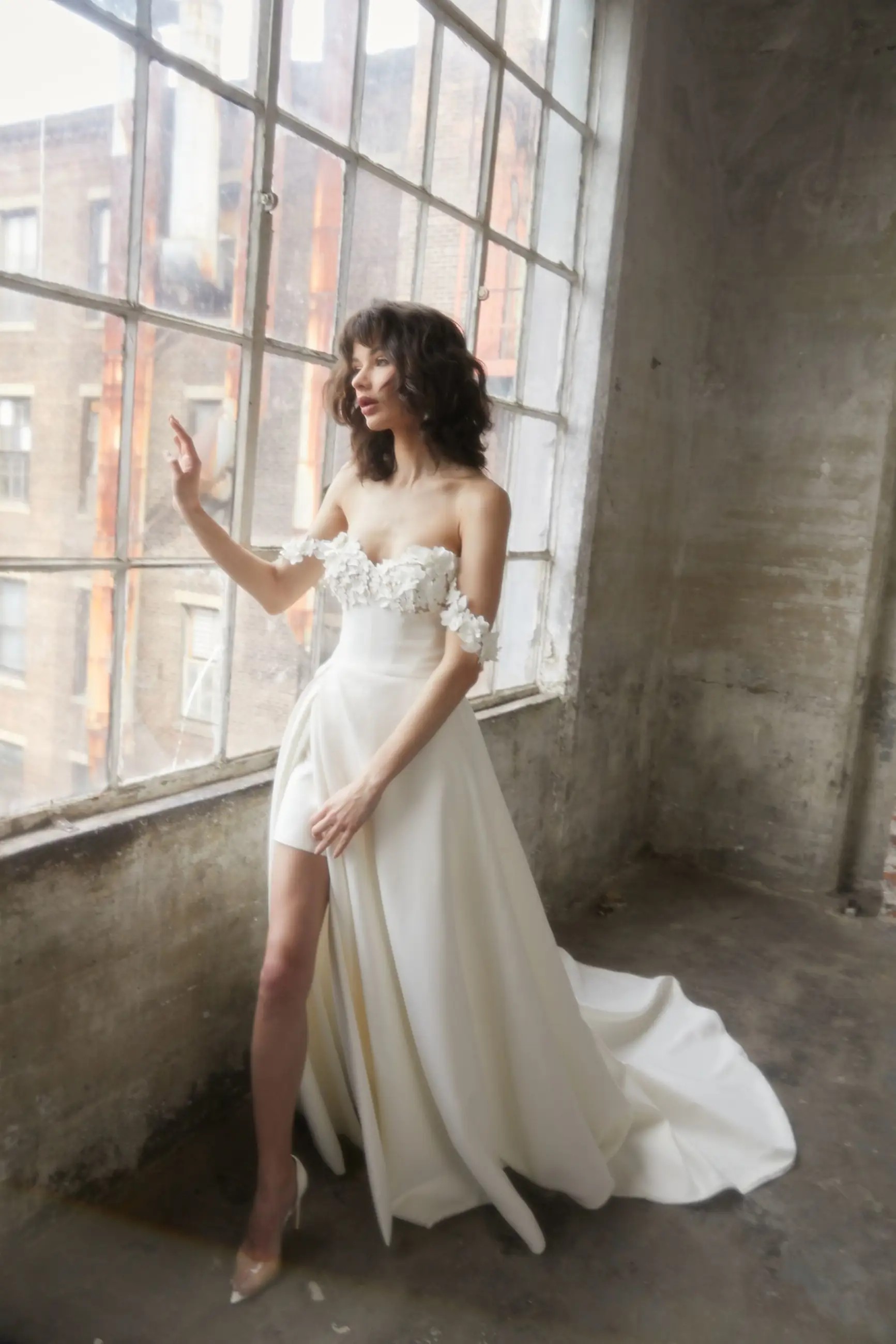 Model wearing Bobbie wedding dress by Justin Alexander Signature
