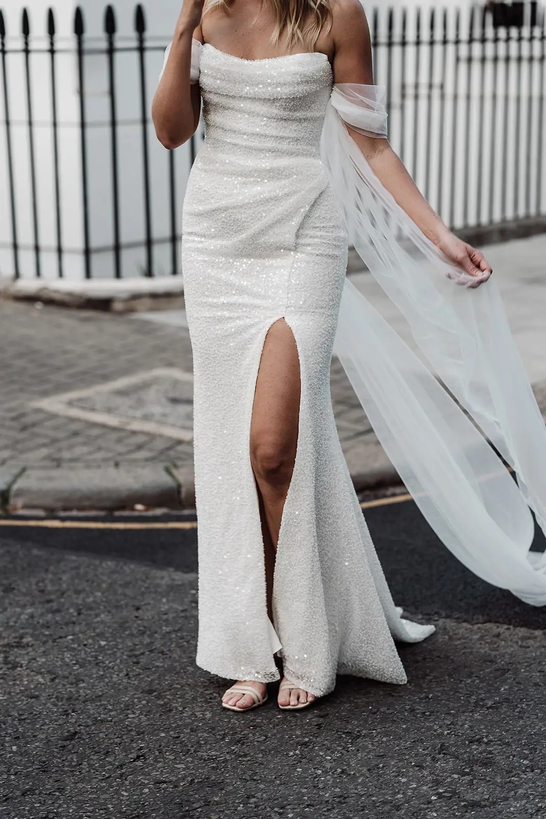 Model wearing Gia wedding dress by Made With Love