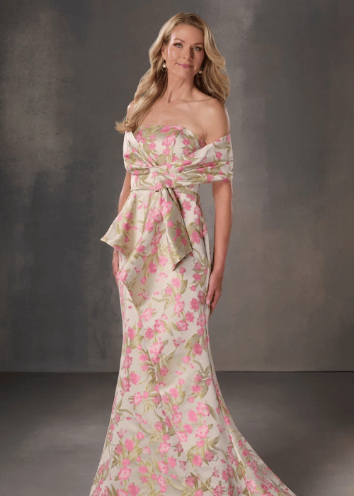 Floral off-the-shoulder mother of the bride gown with soft draping and a fitted silhouette.