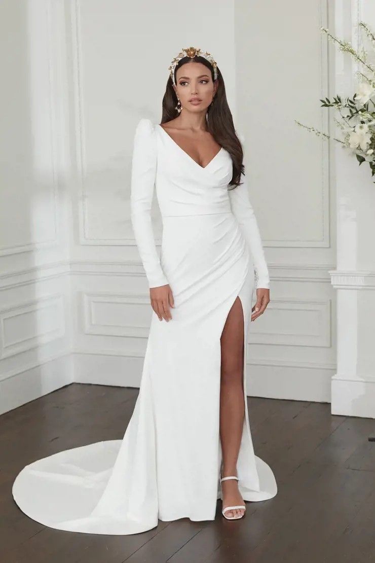 Model wearing a white gown