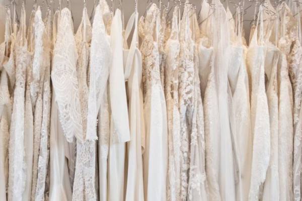 A collection of elegant white wedding dresses hanging on racks, showcasing various designs and wedding dress fabrics.