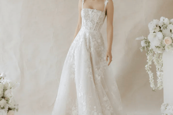 A woman in her a line wedding gown