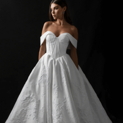 A woman in a stunning ballgown wedding dress featuring a white strapless design with off-the-shoulder sleeves and a voluminous skirt, set against a black background. Perfect for a wedding dress style guide, this look captures bridal personality styles and showcases the elegance of unique wedding gowns.