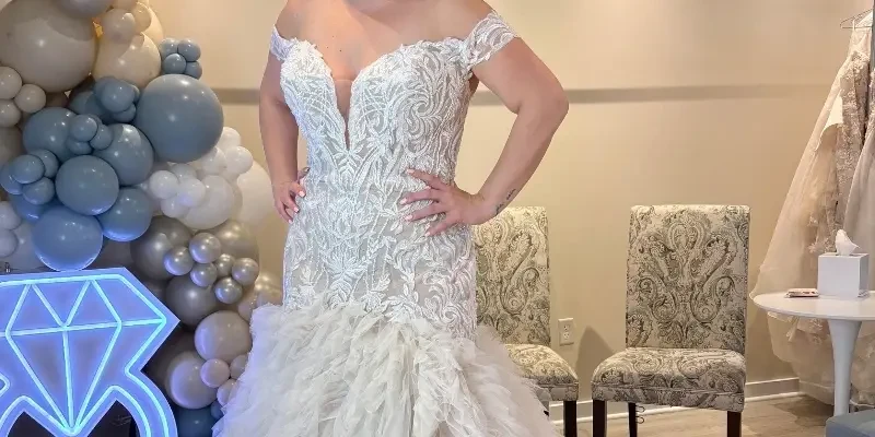 bride trying on wedding dresses at a bridal store near lima ohio