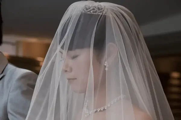 A bride wearing a sheer veil over her face and a beaded headpiece, with a delicate pearl necklace and drop earrings.
