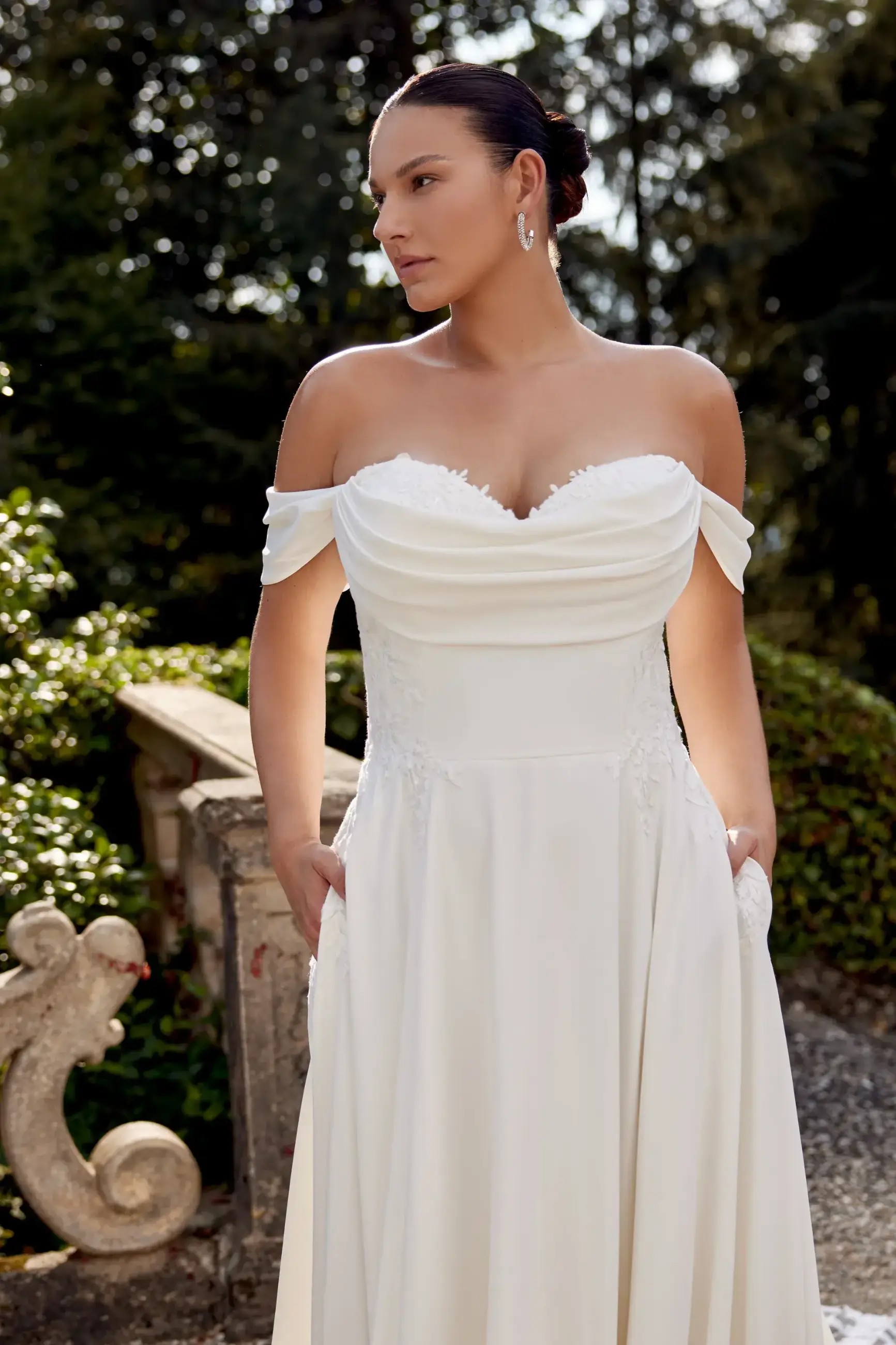 off-the-shoulder ball gown wedding dress with lace