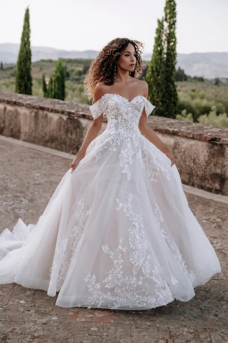 off-the-shoulder ball gown wedding dress with lace