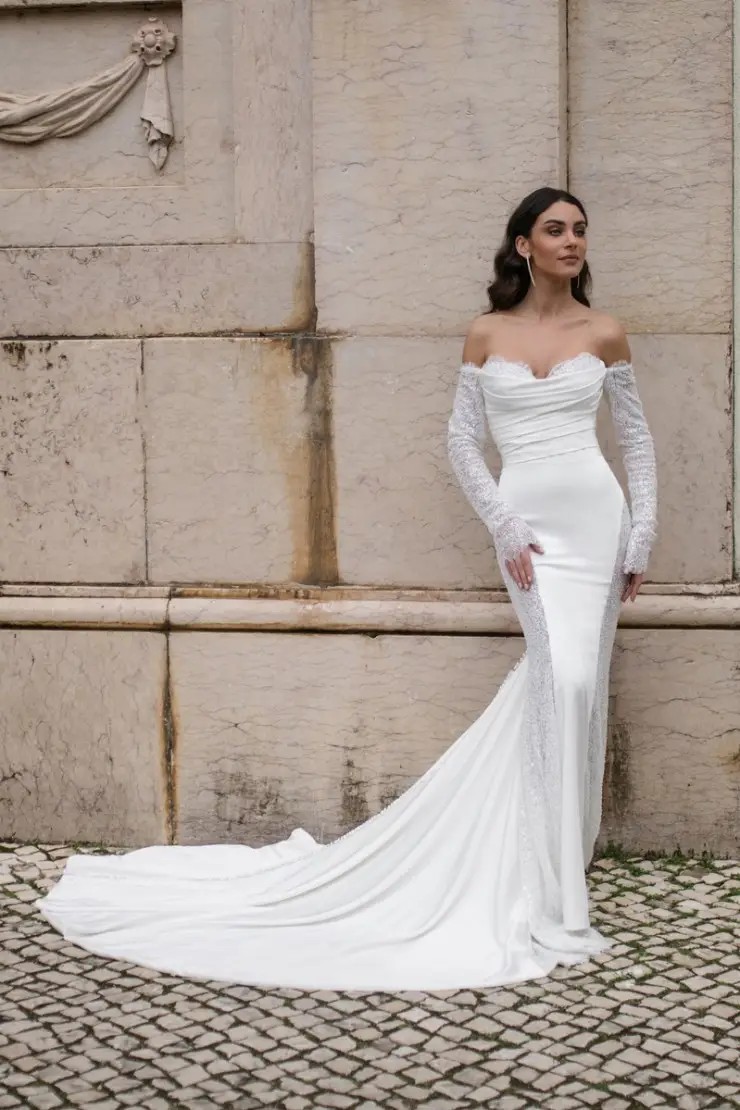 Crepe sheath long sleeve wedding dress