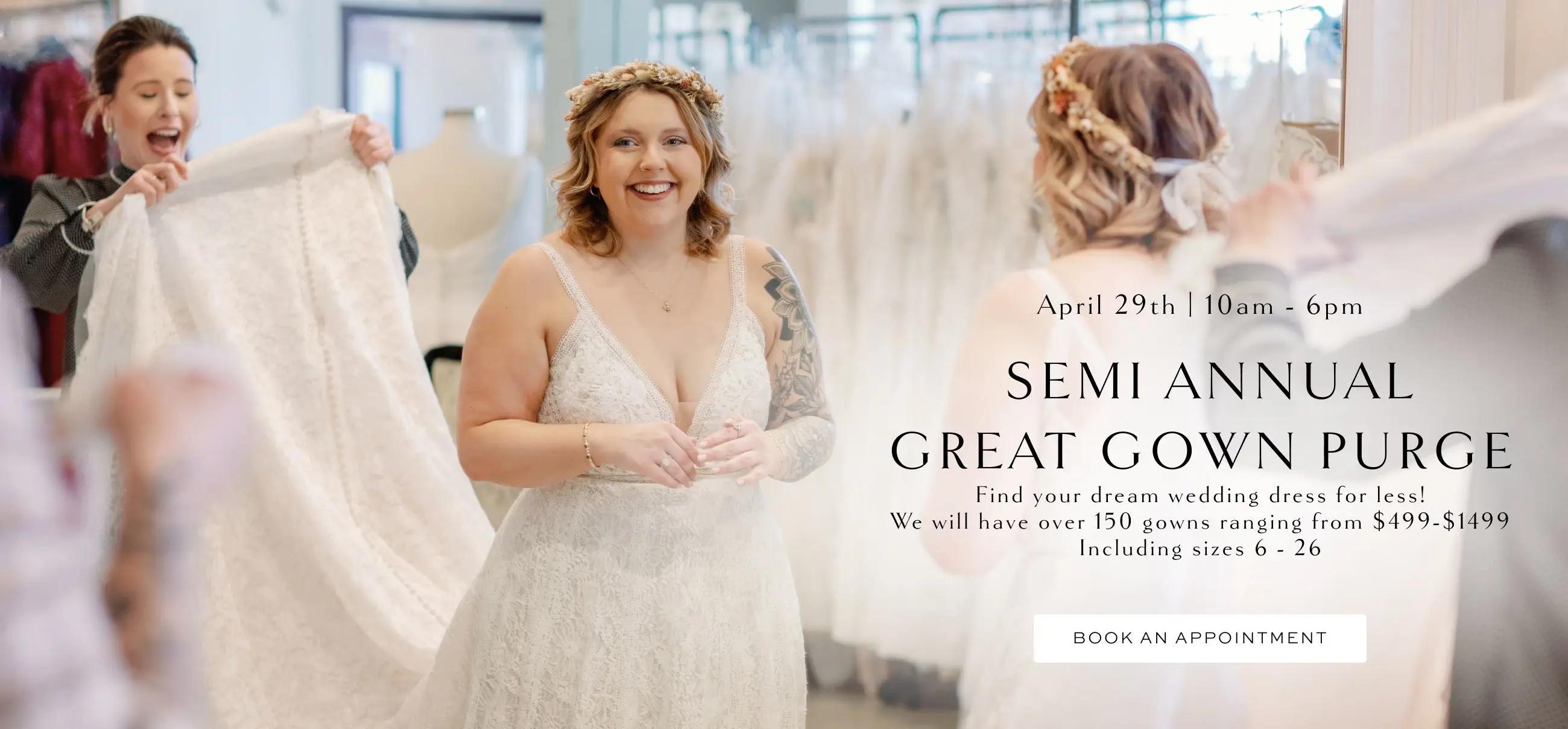 Bride trying on wedding dresses. Join us for Belle Amour Semi Annual Great Gown Purge