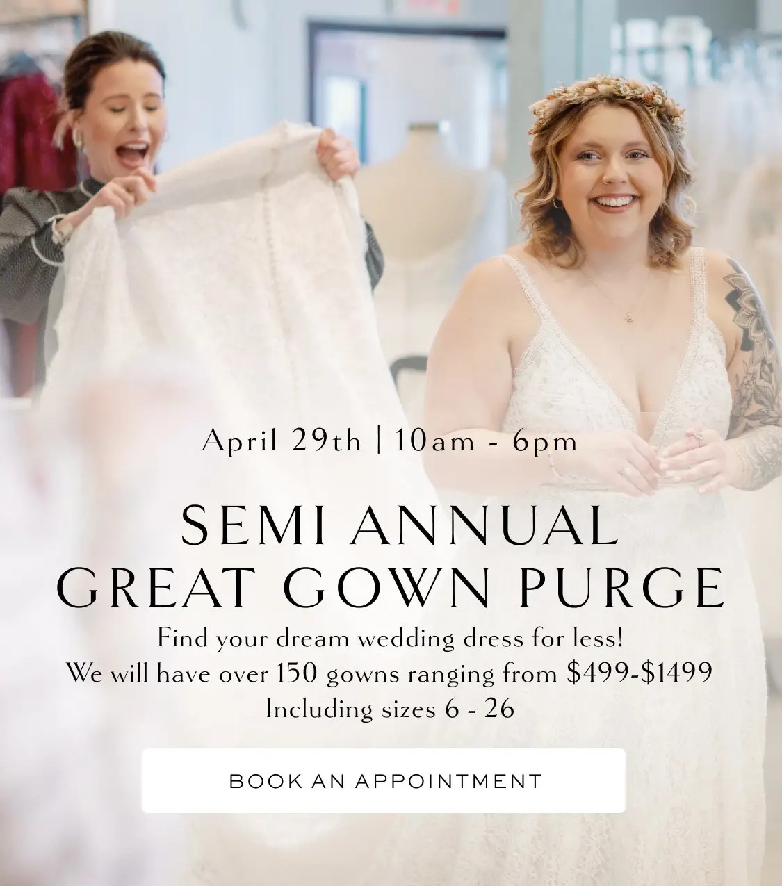 Bride trying on wedding dresses. Join us for Belle Amour Semi Annual Great Gown Purge